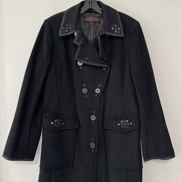 Vintage Y2K Ramosport Black Trench Overcoat Grommet Studded Cashmere Wool Coat - Picture 4 of 16